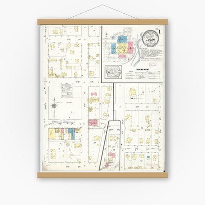 Old map wall art mockup — magnetic wood frame on white wall — Sanborn Fire Insurance Map from Logan, Harrison County, Iowa (1913) â€” Complete Set