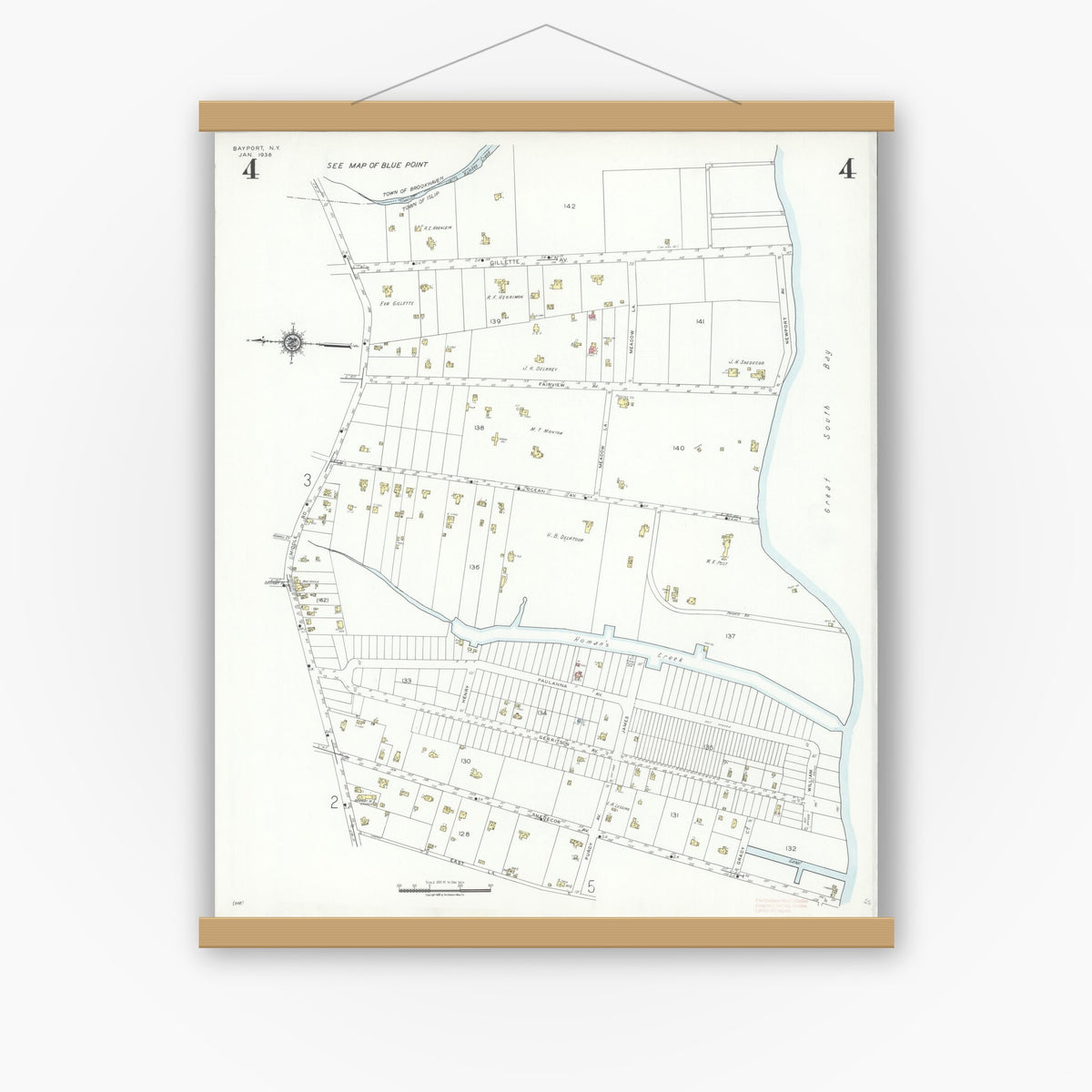 Old map wall art mockup — magnetic wood frame on white wall — Sanborn Fire Insurance Map from Bayport, Suffolk County, New York (1938), Sheet #0004