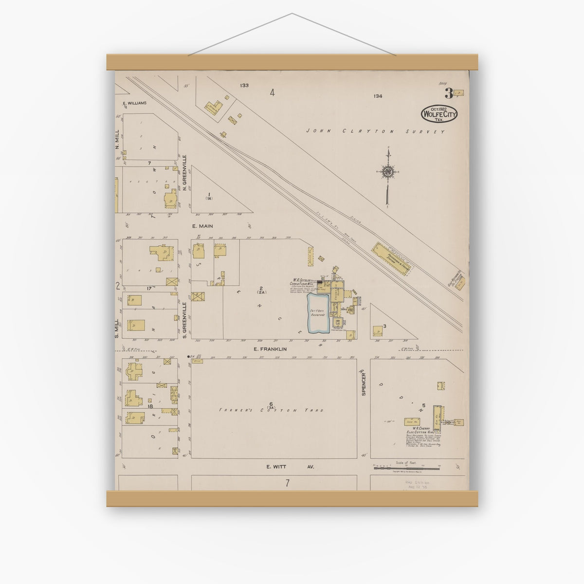 Old map wall art mockup — magnetic wood frame on white wall — Sanborn Fire Insurance Map from Wolfe City, Hunt County, Texas (1922), Sheet #0003