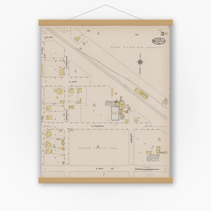 Old map wall art mockup — magnetic wood frame on white wall — Sanborn Fire Insurance Map from Wolfe City, Hunt County, Texas (1922), Sheet #0003