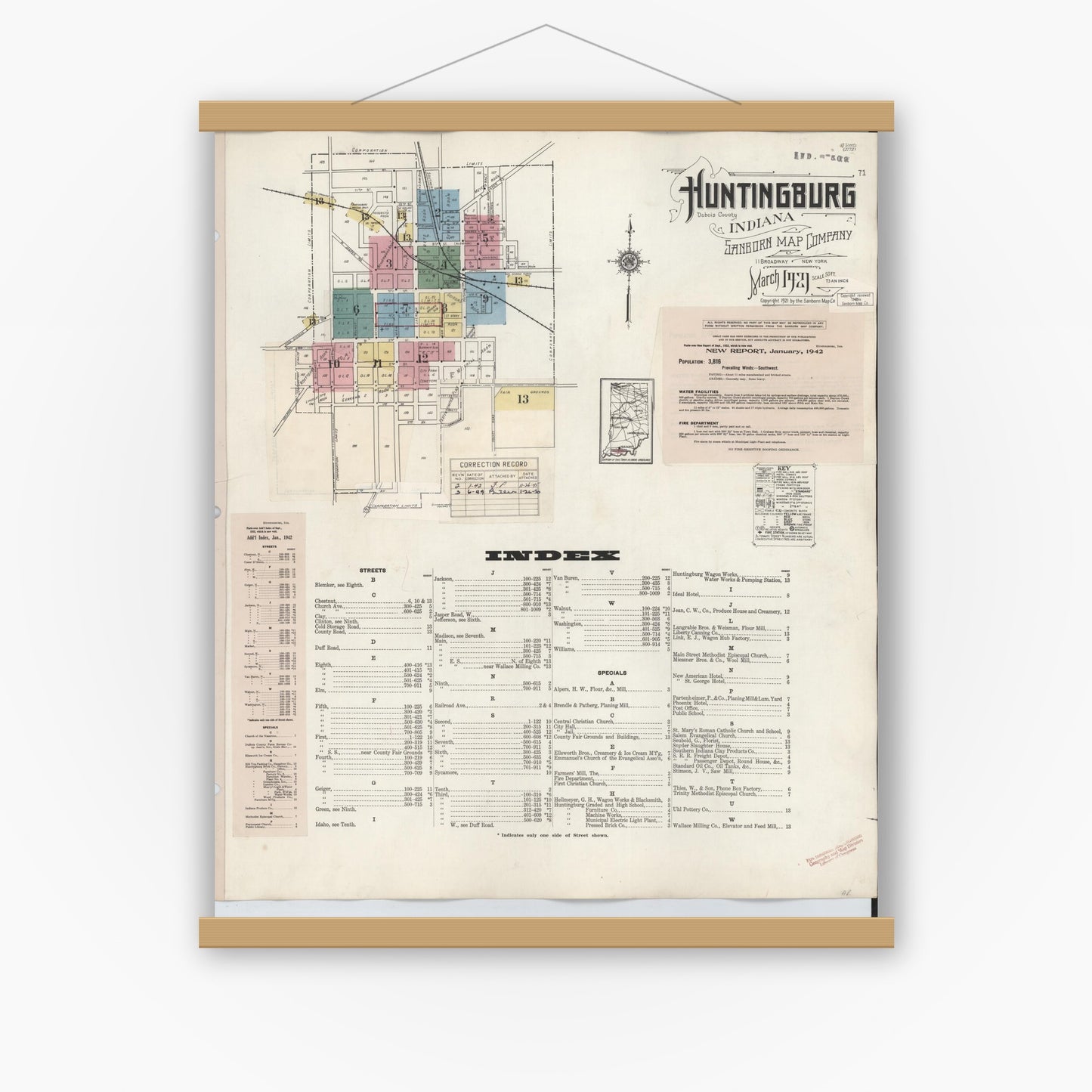 Old map wall art mockup — magnetic wood frame on white wall — Sanborn Fire Insurance Map from Huntingburg, Dubois County, Indiana (1949) - Complete Map Set
