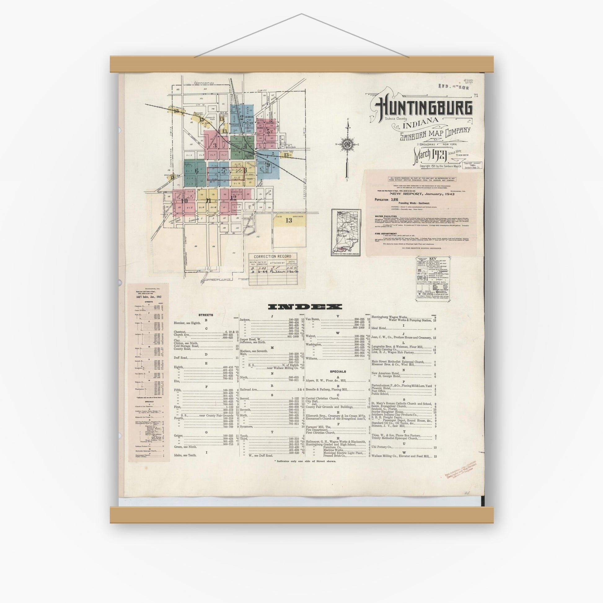 Old map wall art mockup — magnetic wood frame on white wall — Sanborn Fire Insurance Map from Huntingburg, Dubois County, Indiana (1949) - Complete Map Set
