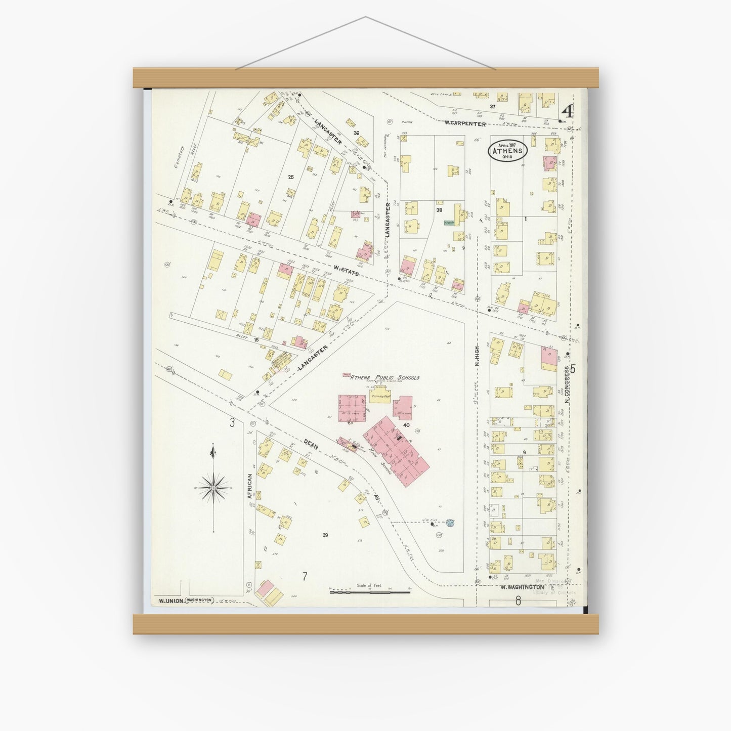 Old map wall art mockup — magnetic wood frame on white wall — Sanborn Fire Insurance Map from Athens, Athens County, Ohio (1907), Sheet #0004