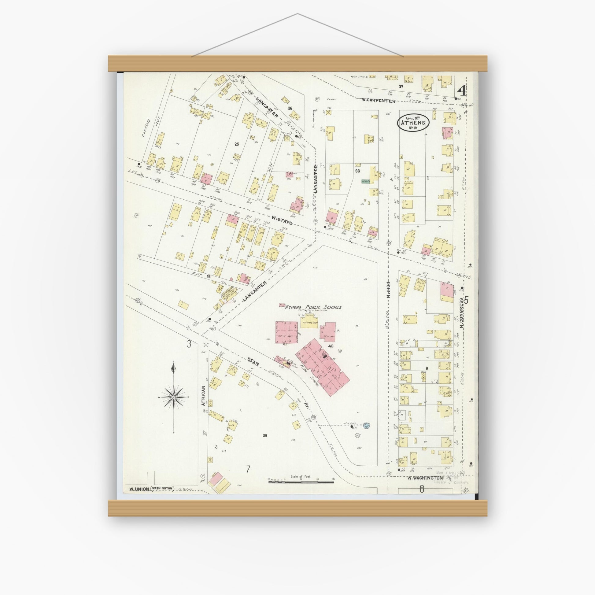 Old map wall art mockup — magnetic wood frame on white wall — Sanborn Fire Insurance Map from Athens, Athens County, Ohio (1907), Sheet #0004