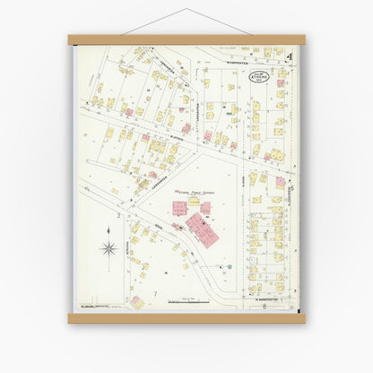 Old map wall art mockup — magnetic wood frame on white wall — Sanborn Fire Insurance Map from Athens, Athens County, Ohio (1907), Sheet #0004