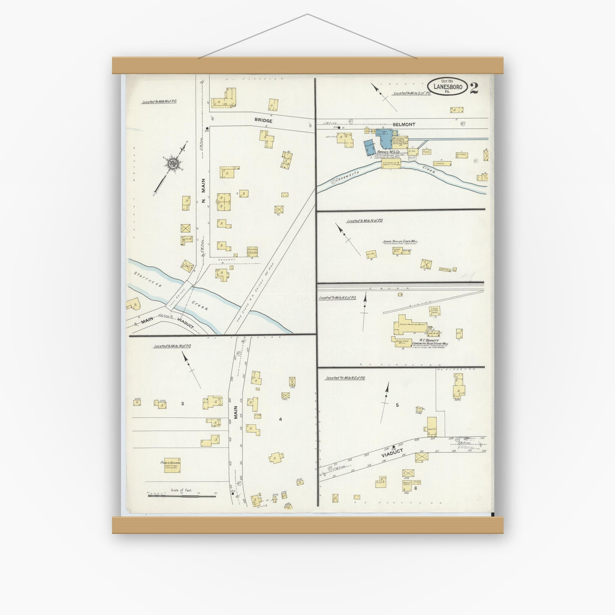 Old map wall art mockup — magnetic wood frame on white wall — Sanborn Fire Insurance Map from Lanesboro, Susquehanna County, Pennsylvania (1911), Sheet #0002