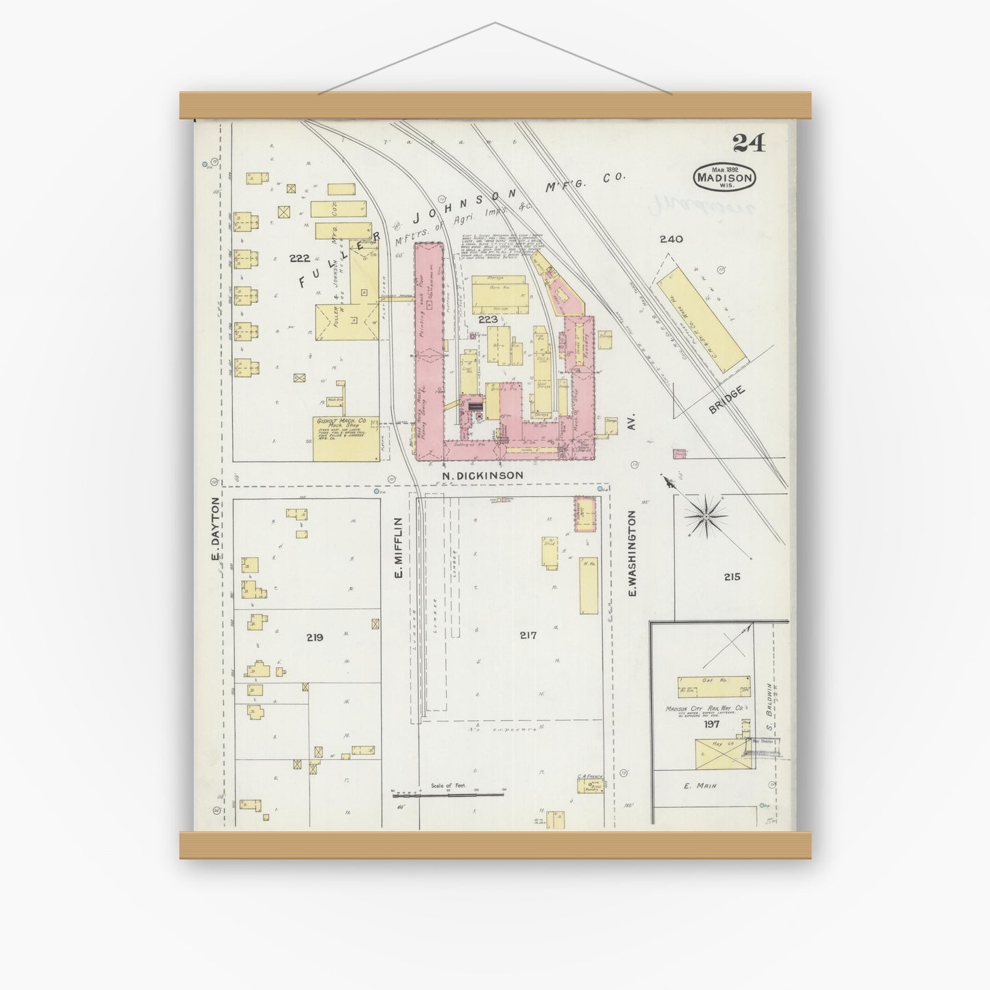 Old map wall art mockup — magnetic wood frame on white wall — Sanborn Fire Insurance Map from Madison, Dane County, Wisconsin (1892), Sheet #0024