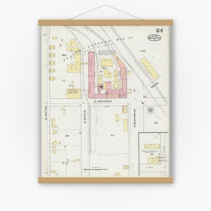 Old map wall art mockup — magnetic wood frame on white wall — Sanborn Fire Insurance Map from Madison, Dane County, Wisconsin (1892), Sheet #0024
