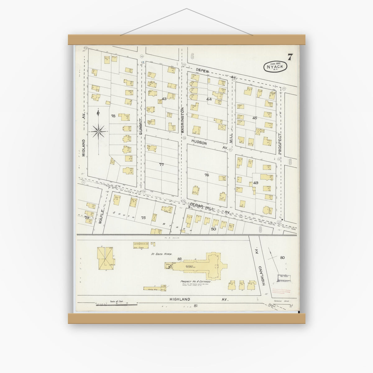 Old map wall art mockup — magnetic wood frame on white wall — Sanborn Fire Insurance Map from Nyack, Rockland County, New York (1892), Sheet #0007