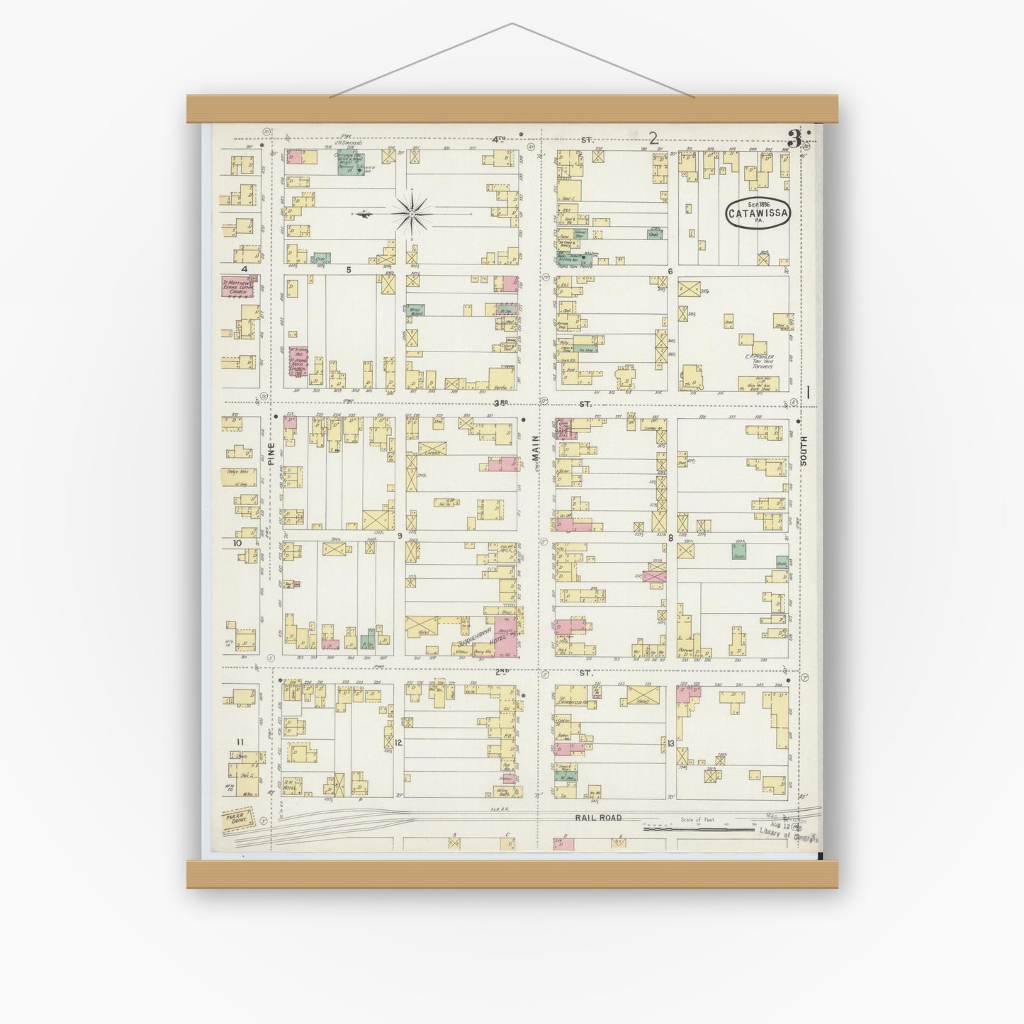 Old map wall art mockup — magnetic wood frame on white wall — Sanborn Fire Insurance Map from Catawissa, Columbia County, Pennsylvania (1896), Sheet #0003