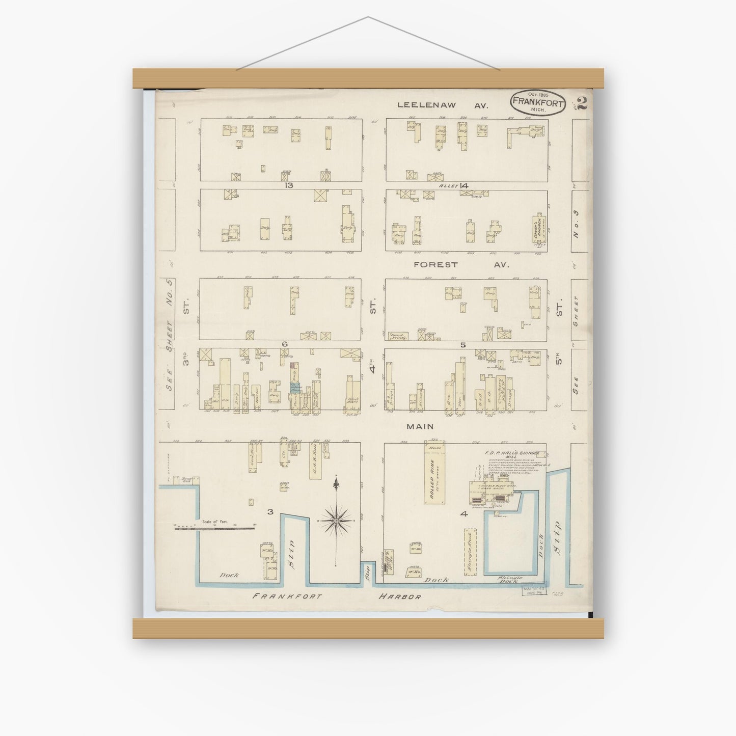 Old map wall art mockup — magnetic wood frame on white wall — Sanborn Fire Insurance Map from Frankfort, Benzie County, Michigan (1885), Sheet #0002