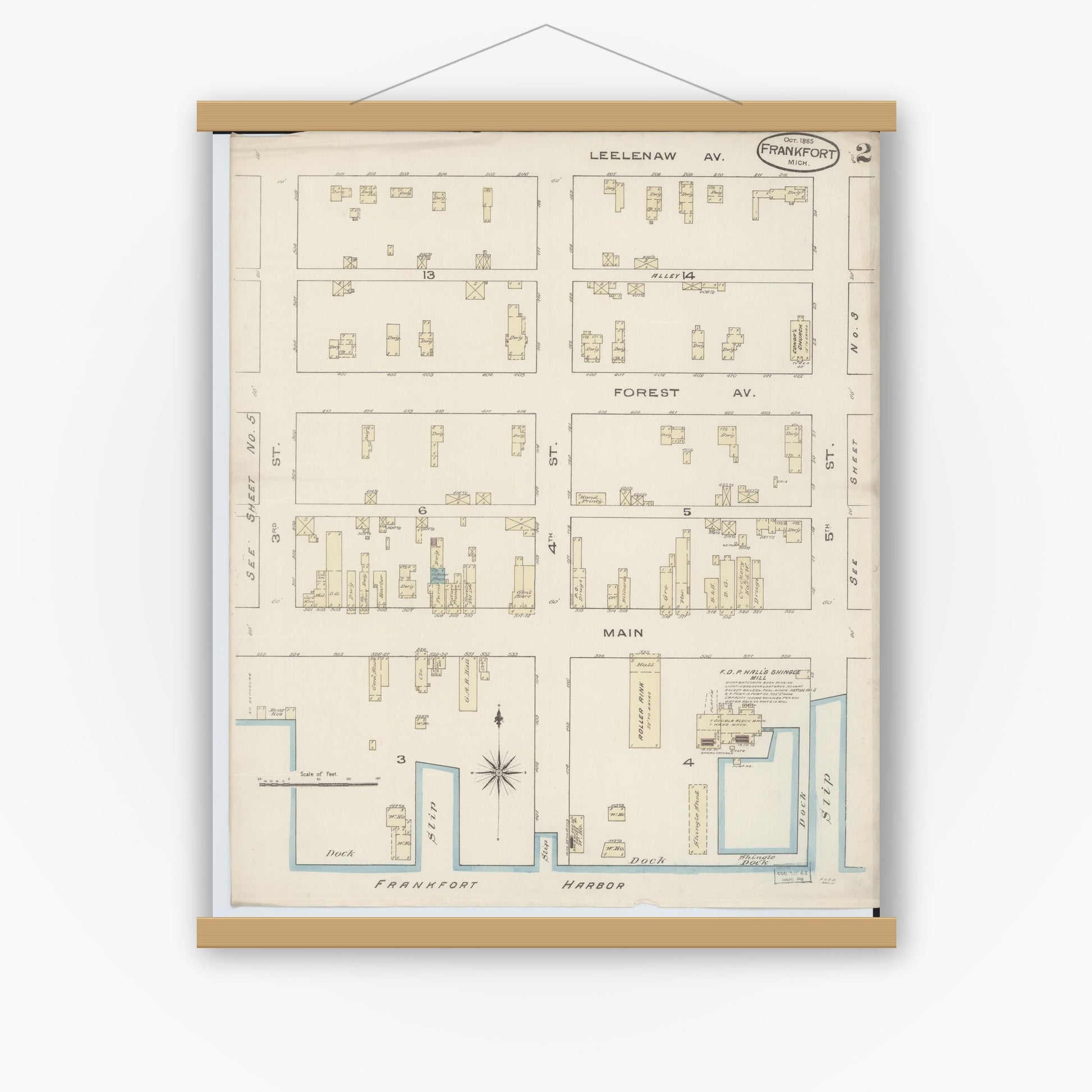 Old map wall art mockup — magnetic wood frame on white wall — Sanborn Fire Insurance Map from Frankfort, Benzie County, Michigan (1885), Sheet #0002