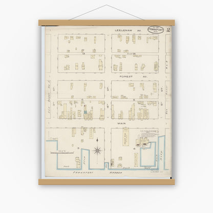 Old map wall art mockup — magnetic wood frame on white wall — Sanborn Fire Insurance Map from Frankfort, Benzie County, Michigan (1885), Sheet #0002