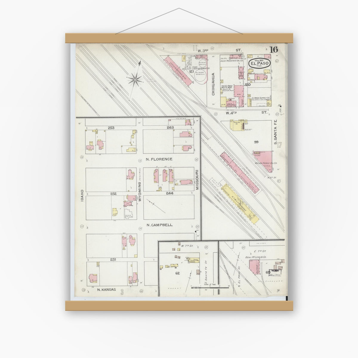 Old map wall art mockup — magnetic wood frame on white wall — Sanborn Fire Insurance Map from El Paso, El Paso County, Texas (1893), Sheet #0016