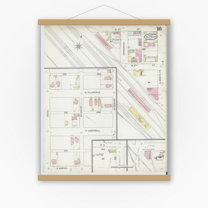 Old map wall art mockup — magnetic wood frame on white wall — Sanborn Fire Insurance Map from El Paso, El Paso County, Texas (1893), Sheet #0016