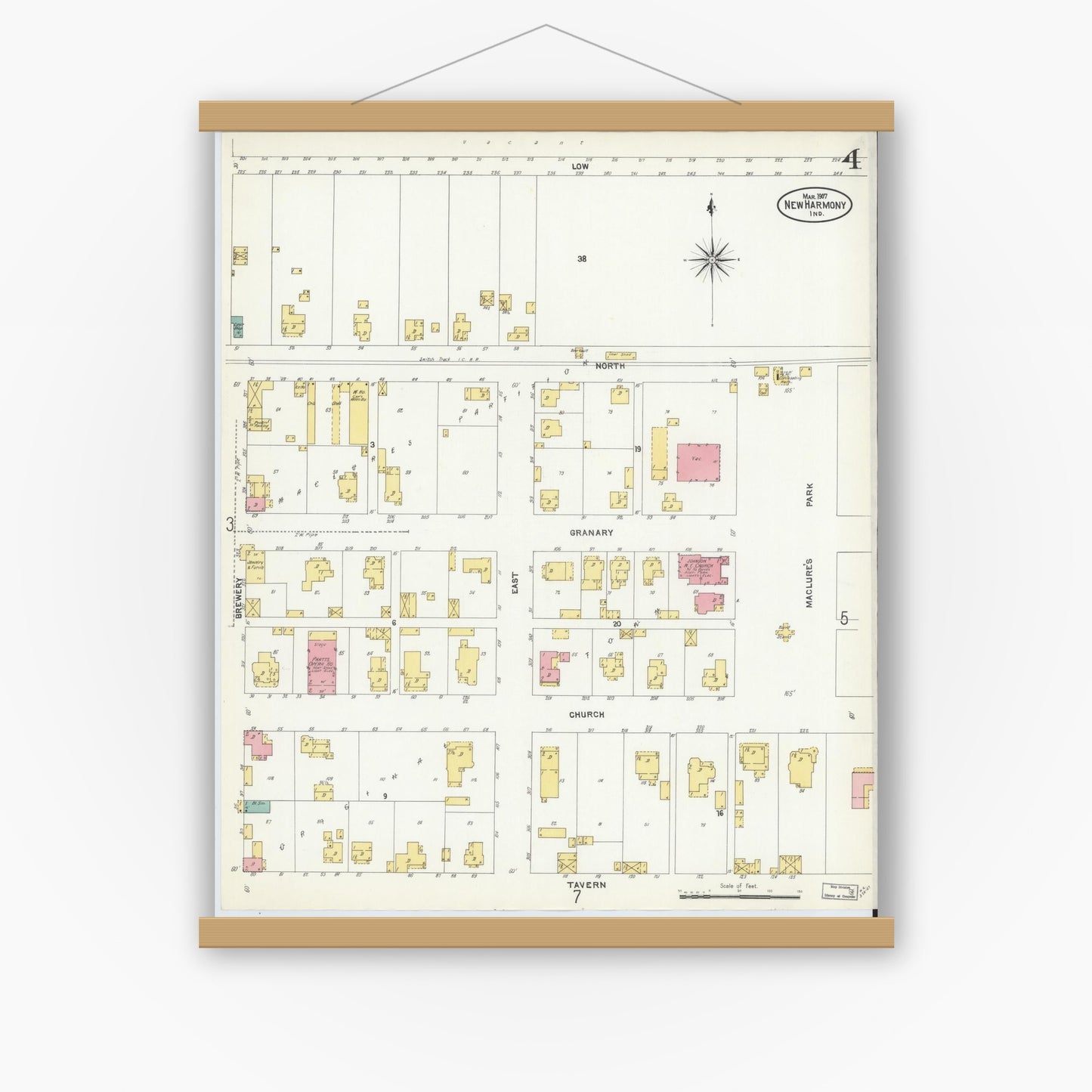 Old map wall art mockup — magnetic wood frame on white wall — Sanborn Fire Insurance Map from New Harmony, Posey County, Indiana (1907), Sheet #0004