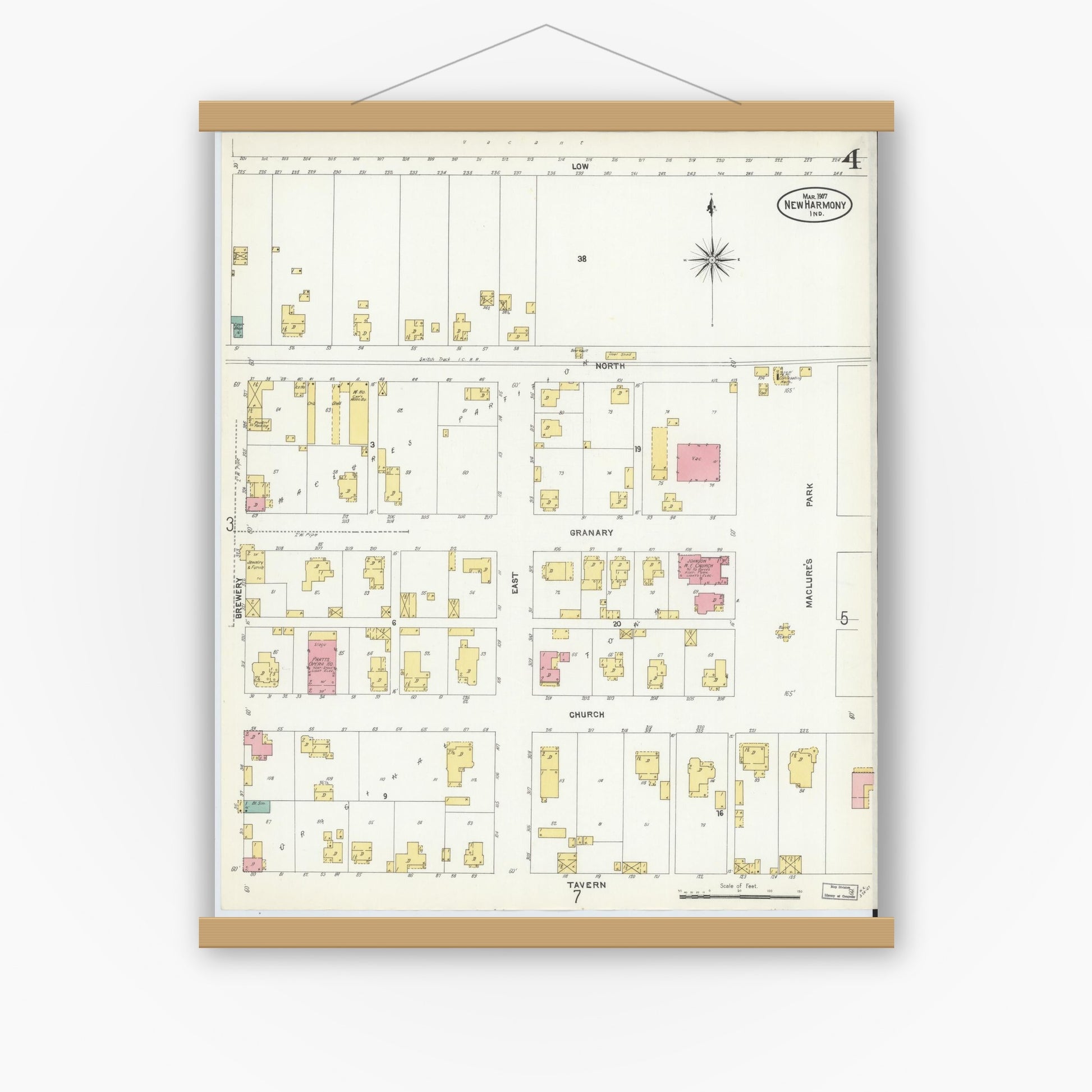 Old map wall art mockup — magnetic wood frame on white wall — Sanborn Fire Insurance Map from New Harmony, Posey County, Indiana (1907), Sheet #0004