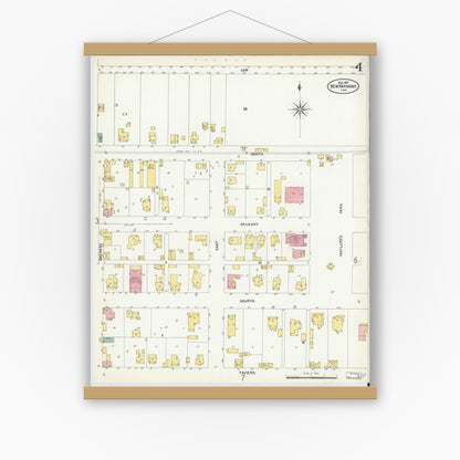 Old map wall art mockup — magnetic wood frame on white wall — Sanborn Fire Insurance Map from New Harmony, Posey County, Indiana (1907), Sheet #0004