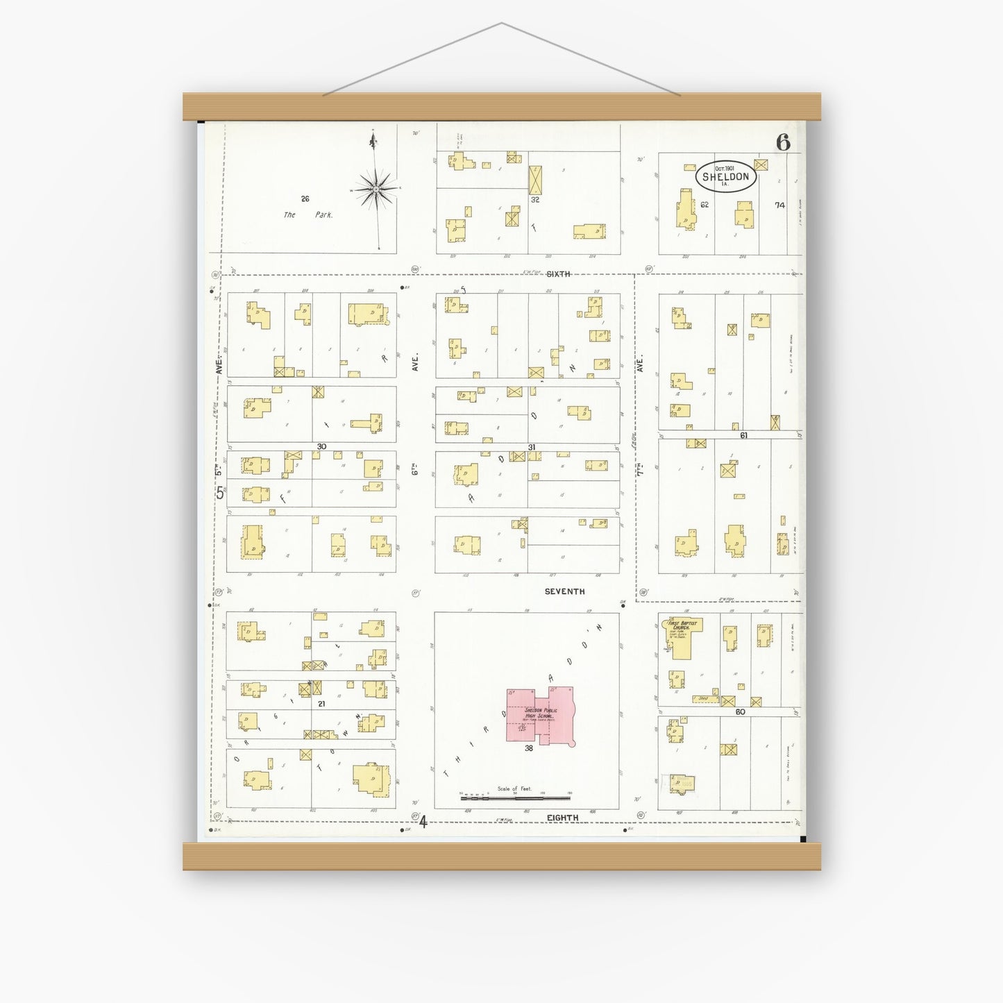 Old map wall art mockup — magnetic wood frame on white wall — Sanborn Fire Insurance Map from Sheldon, O'Brien County, Iowa (1901), Sheet #0006
