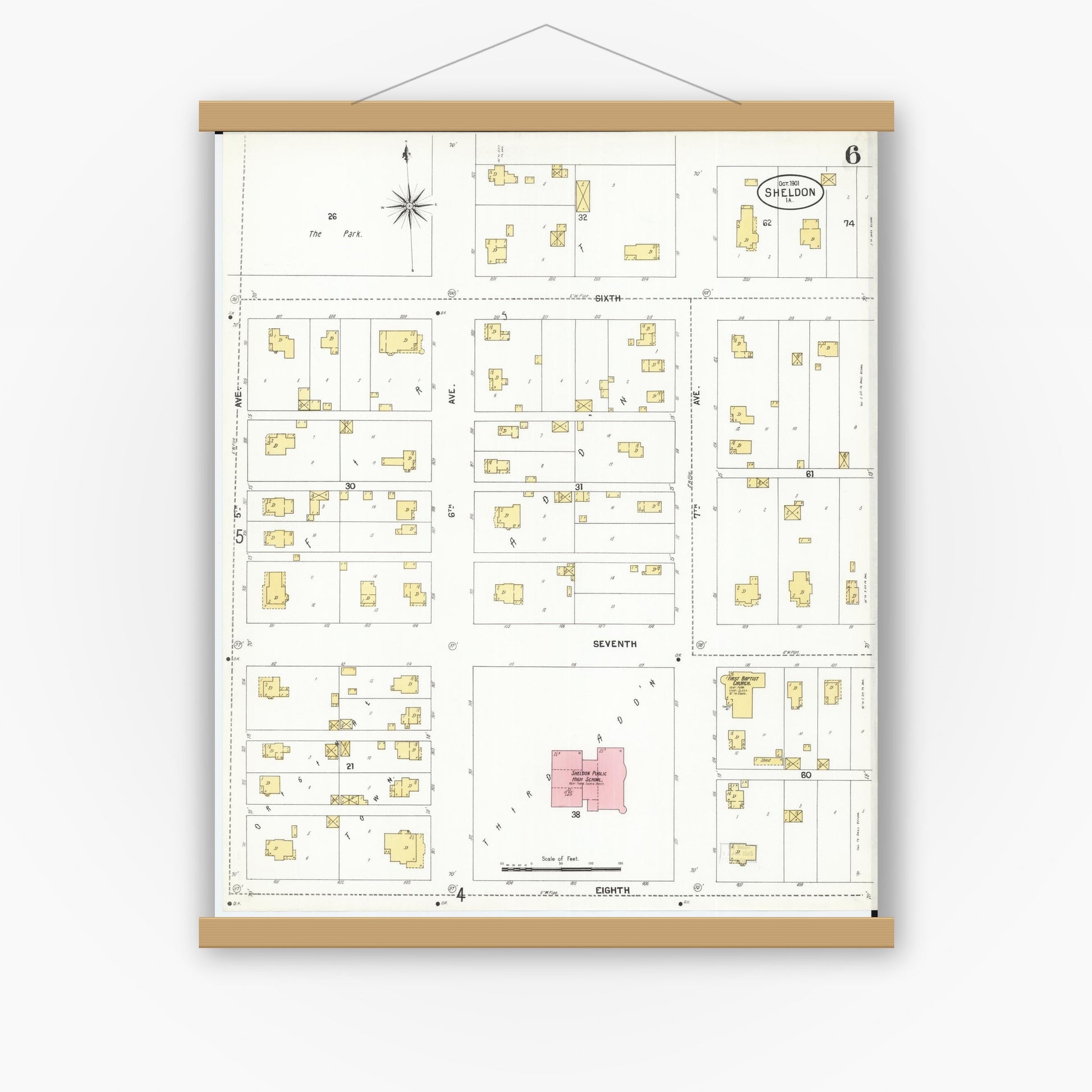 Old map wall art mockup — magnetic wood frame on white wall — Sanborn Fire Insurance Map from Sheldon, O'Brien County, Iowa (1901), Sheet #0006
