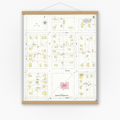 Old map wall art mockup — magnetic wood frame on white wall — Sanborn Fire Insurance Map from Sheldon, O'Brien County, Iowa (1901), Sheet #0006