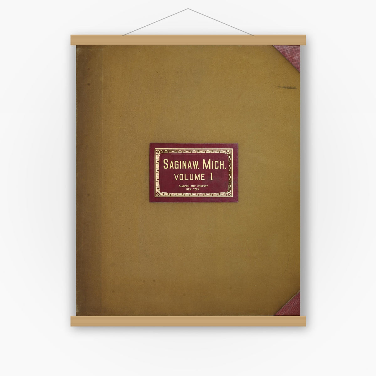 Old map wall art mockup — magnetic wood frame on white wall — Sanborn Fire Insurance Map from Saginaw, Saginaw County, Michigan (1950), Sheet #0001