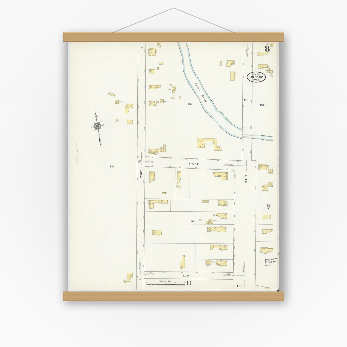 Old map wall art mockup — magnetic wood frame on white wall — Sanborn Fire Insurance Map from Oxford, Worcester County, Massachusetts (1911), Sheet #0008
