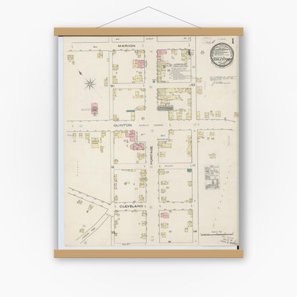 Old map wall art mockup — magnetic wood frame on white wall — Sanborn Fire Insurance Map from Doylestown, Wayne County, Ohio (1885), Sheet #0001