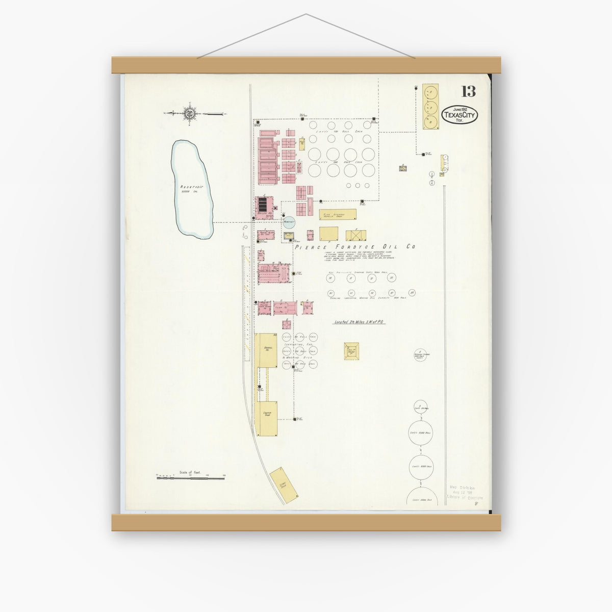 Old map wall art mockup — magnetic wood frame on white wall — Sanborn Fire Insurance Map from Texas City, Galveston County, Texas (1912), Sheet #0013
