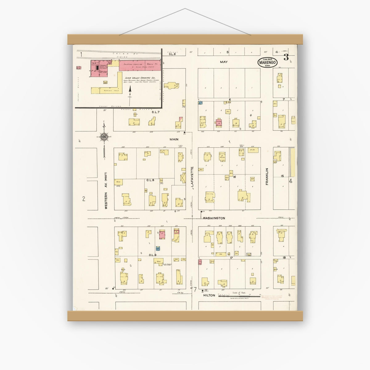 Old map wall art mockup — magnetic wood frame on white wall — Sanborn Fire Insurance Map from Marengo, Iowa County, Iowa (1922), Sheet #0003