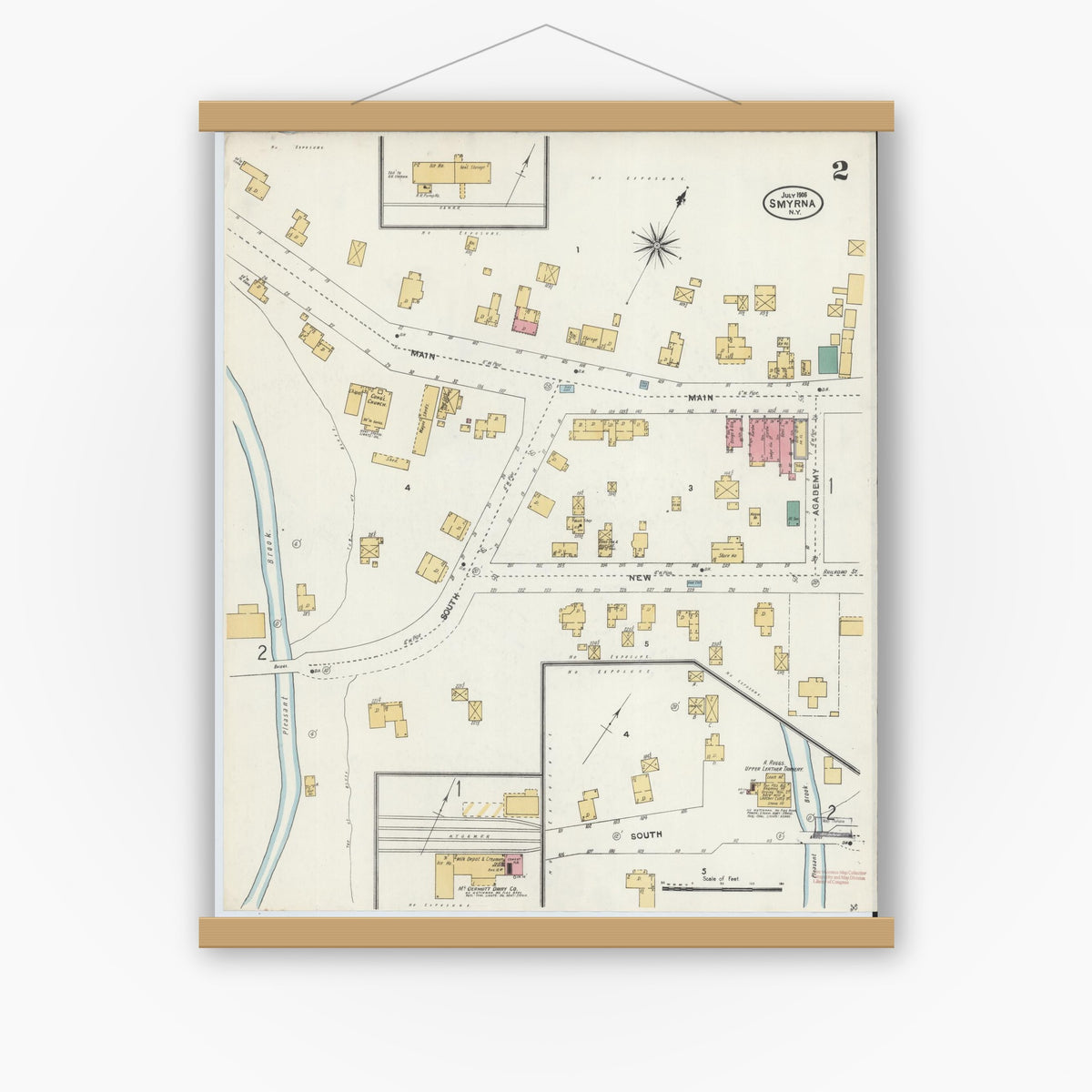 Old map wall art mockup — magnetic wood frame on white wall — Sanborn Fire Insurance Map from Smyrna, Chenango County, New York (1906), Sheet #0002