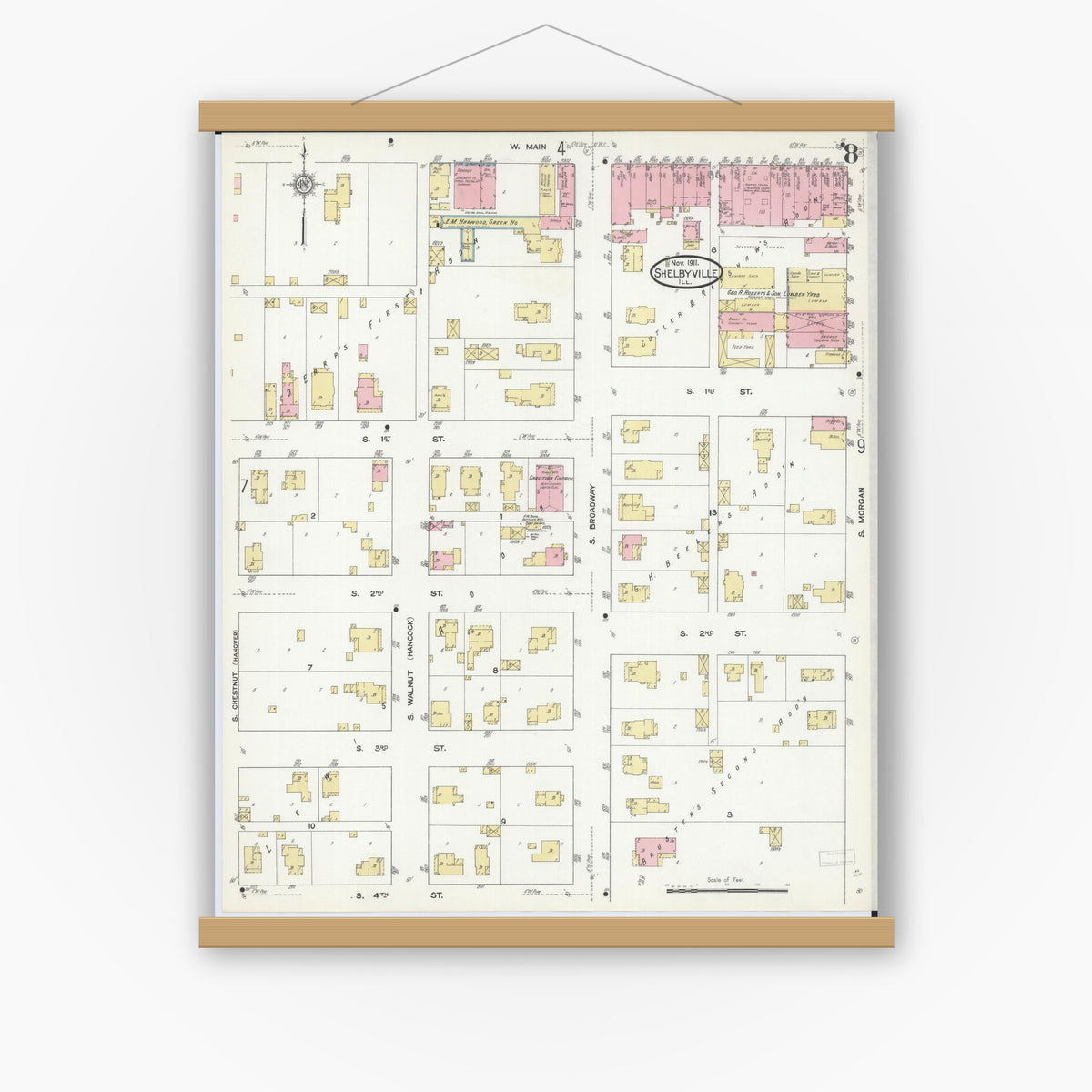 Old map wall art mockup — magnetic wood frame on white wall — Sanborn Fire Insurance Map from Shelbyville, Shelby County, Illinois (1911), Sheet #0008