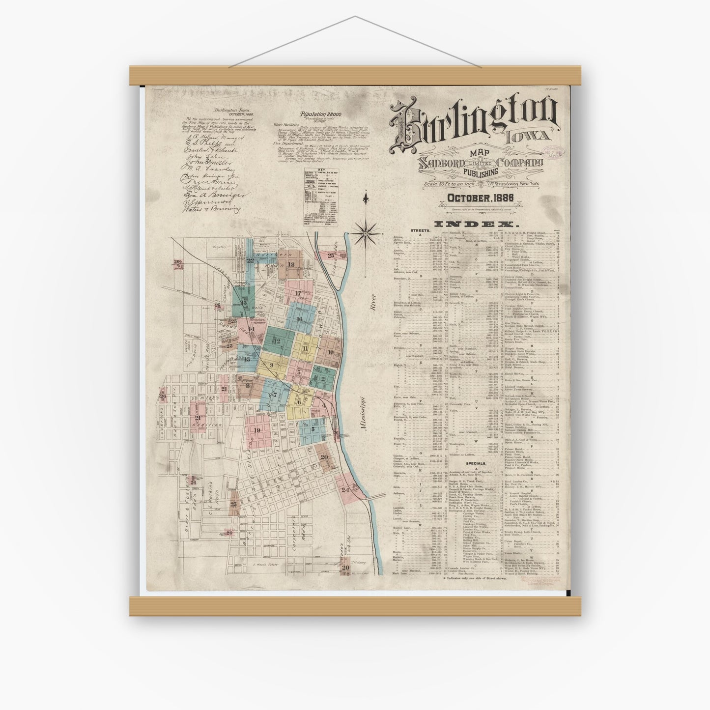 Old map wall art mockup — magnetic wood frame on white wall — Sanborn Fire Insurance Map from Burlington, Des Moines County, Iowa (1888) â€” Complete Set