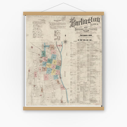 Old map wall art mockup — magnetic wood frame on white wall — Sanborn Fire Insurance Map from Burlington, Des Moines County, Iowa (1888) â€” Complete Set