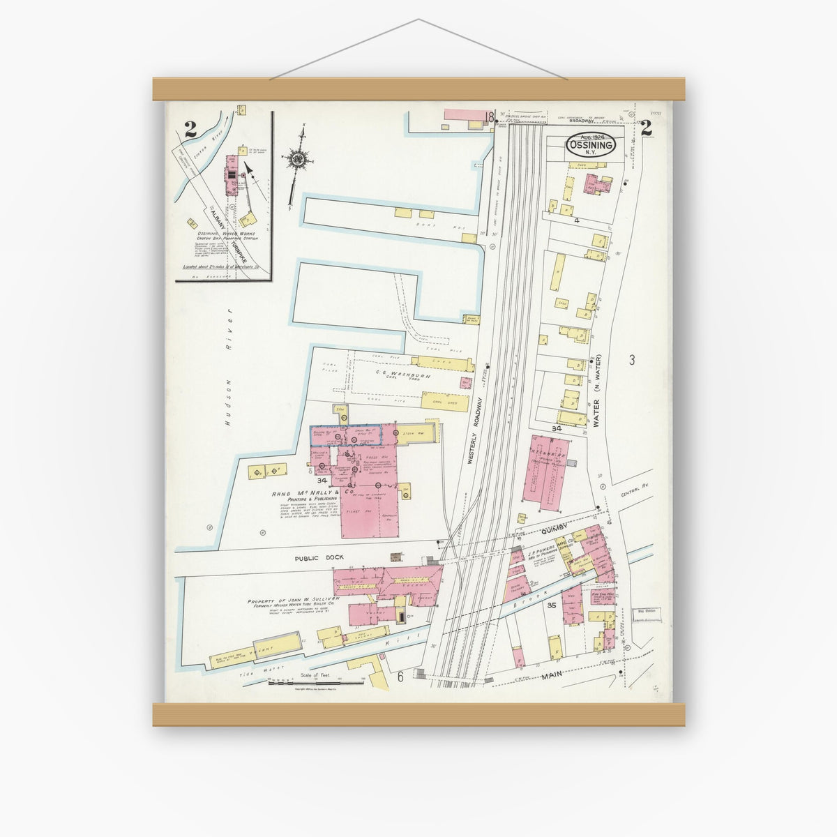 Old map wall art mockup — magnetic wood frame on white wall — Sanborn Fire Insurance Map from Ossining, Westchester County, New York (1924), Sheet #0002