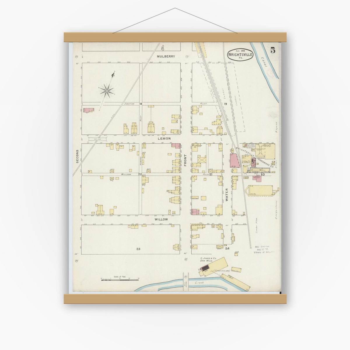 Old map wall art mockup — magnetic wood frame on white wall — Sanborn Fire Insurance Map from Wrightsville, York County, Pennsylvania (1894), Sheet #0005
