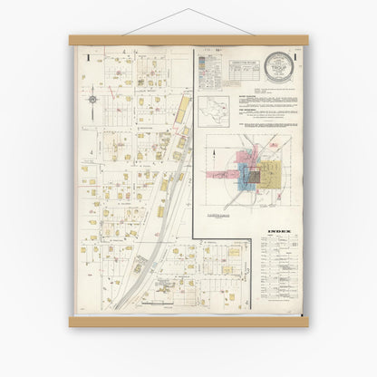 Old map wall art mockup — magnetic wood frame on white wall — Sanborn Fire Insurance Map from Troup, Smith County, Texas (1943) - Complete Map Set