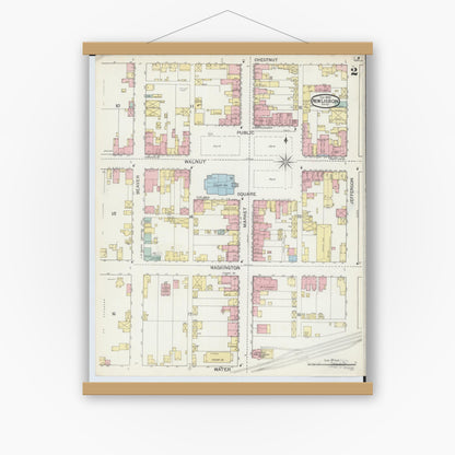 Old map wall art mockup — magnetic wood frame on white wall — Sanborn Fire Insurance Map from New Lisbon, Columbiana County, Ohio (1893), Sheet #0002