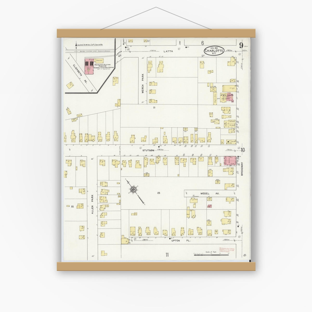 Old map wall art mockup — magnetic wood frame on white wall — Sanborn Fire Insurance Map from Charlotte, Monroe County, New York (1912), Sheet #0009
