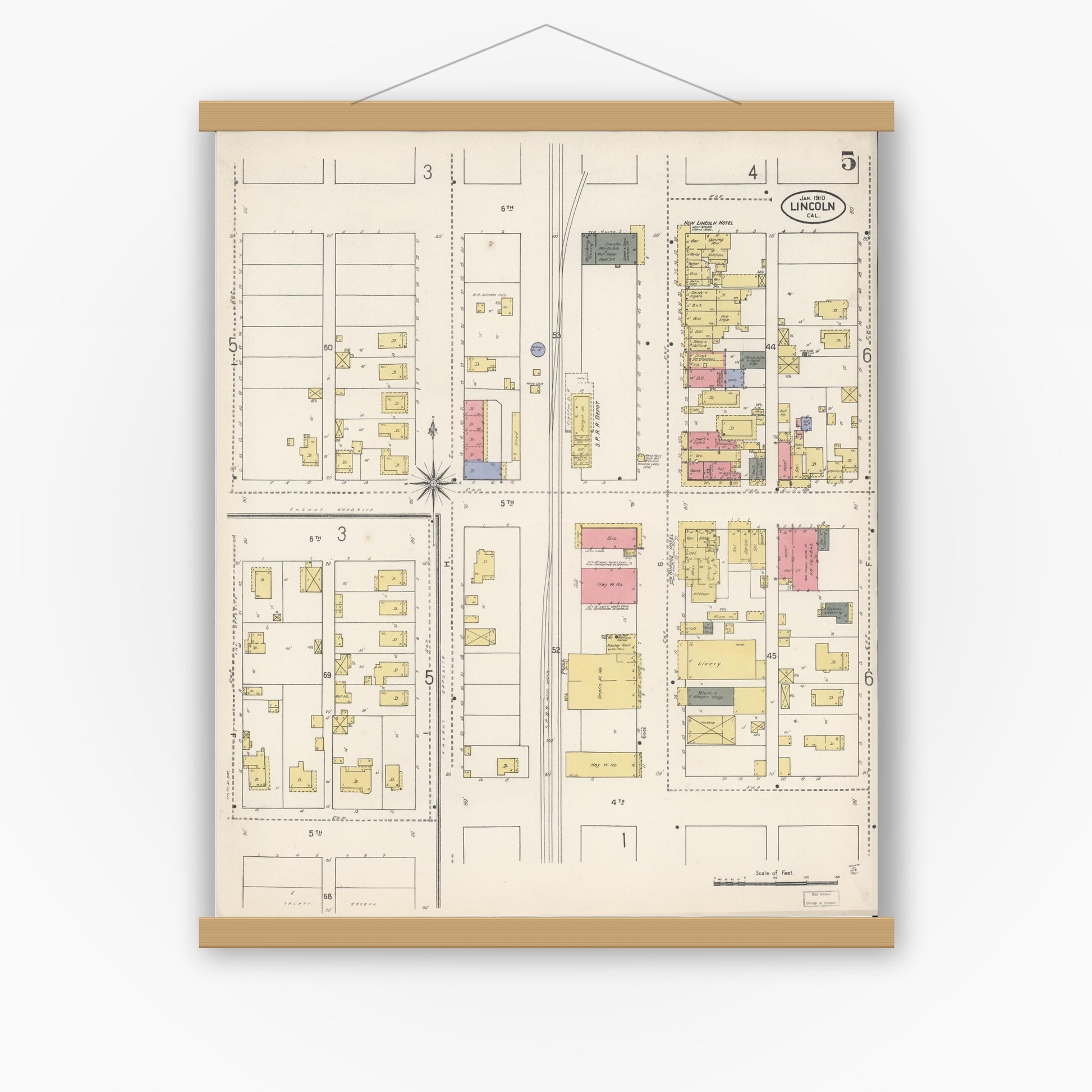 Old map wall art mockup — magnetic wood frame on white wall — Sanborn Fire Insurance Map from Lincoln, Placer County, California (1910), Sheet #0005