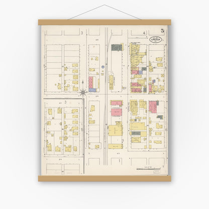 Old map wall art mockup — magnetic wood frame on white wall — Sanborn Fire Insurance Map from Lincoln, Placer County, California (1910), Sheet #0005