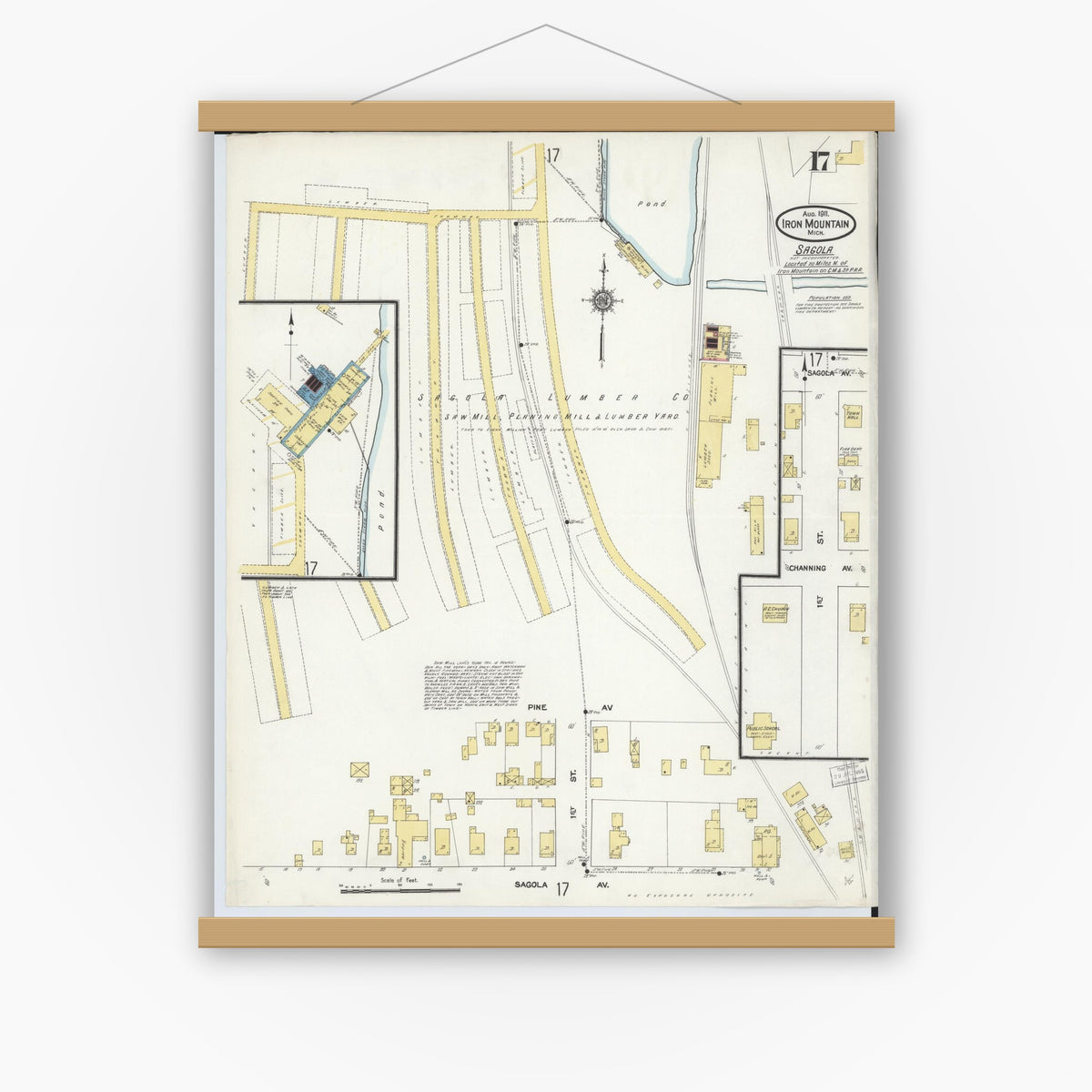 Old map wall art mockup — magnetic wood frame on white wall — Sanborn Fire Insurance Map from Iron Mountain, Dickinson County, Michigan (1911), Sheet #0017