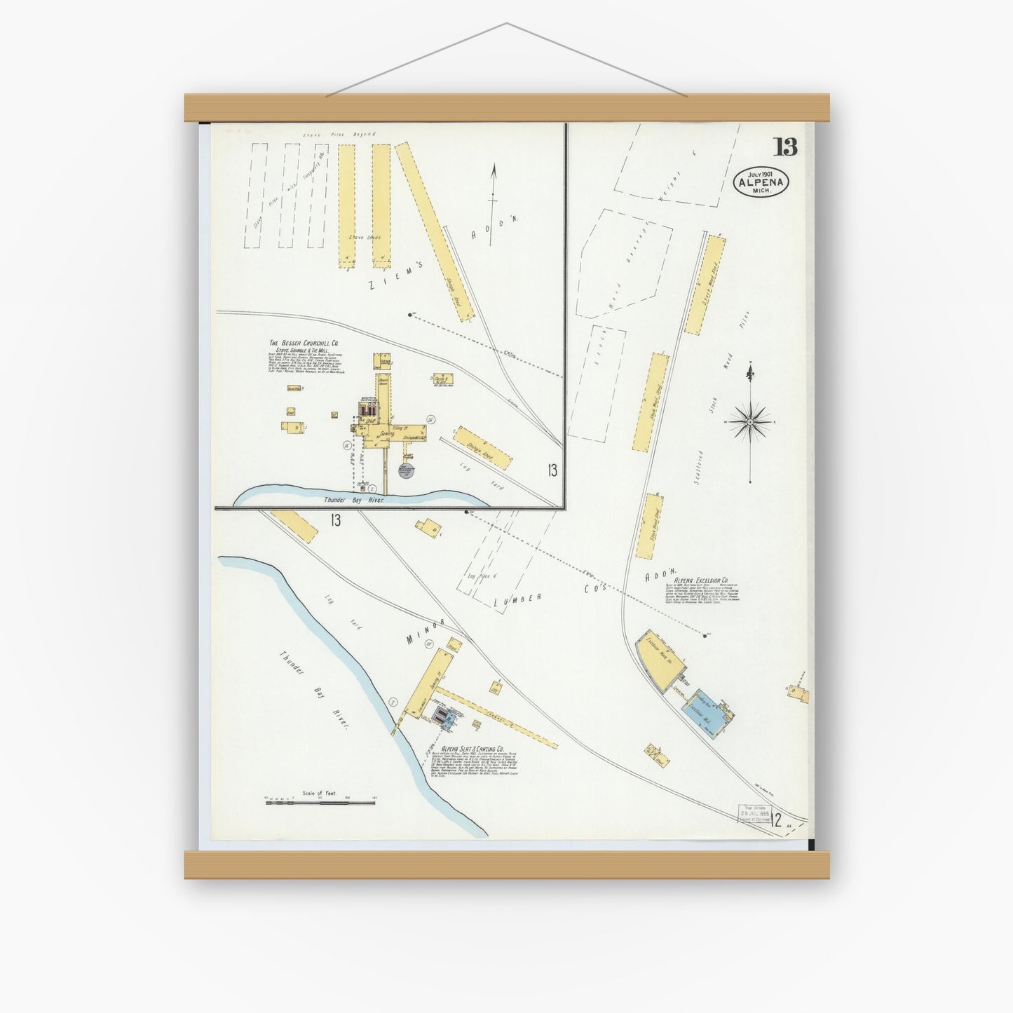 Old map wall art mockup — magnetic wood frame on white wall — Sanborn Fire Insurance Map from Alpena, Alpena County, Michigan (1901), Sheet #0013