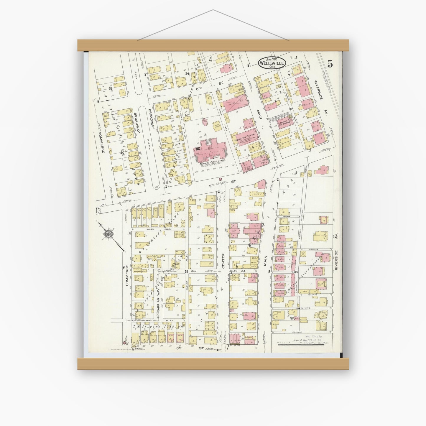 Old map wall art mockup — magnetic wood frame on white wall — Sanborn Fire Insurance Map from Wellsville, Columbiana County, Ohio (1915), Sheet #0005