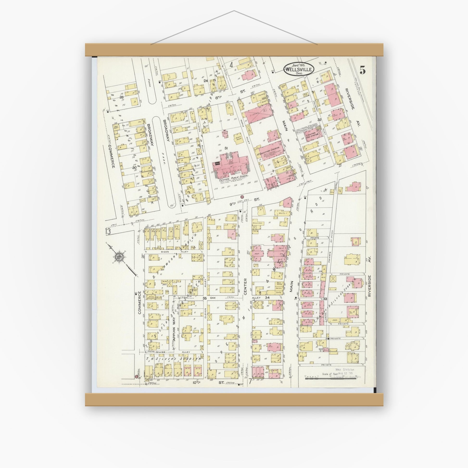 Old map wall art mockup — magnetic wood frame on white wall — Sanborn Fire Insurance Map from Wellsville, Columbiana County, Ohio (1915), Sheet #0005