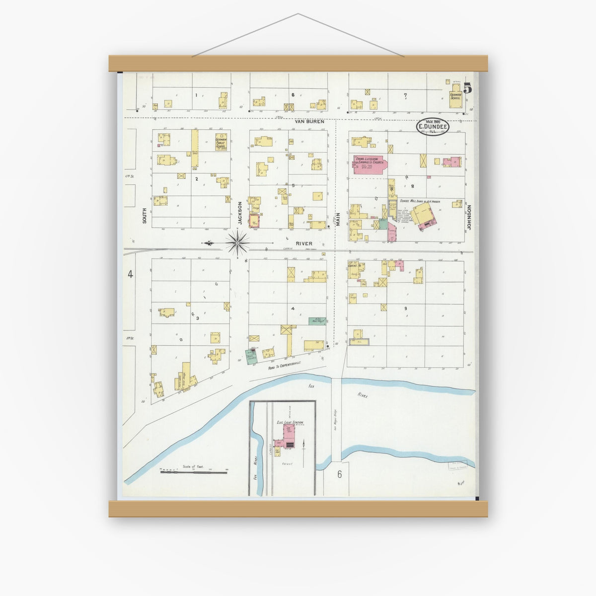 Old map wall art mockup — magnetic wood frame on white wall — Sanborn Fire Insurance Map from Dundee, Kane County, Illinois (1905), Sheet #0005