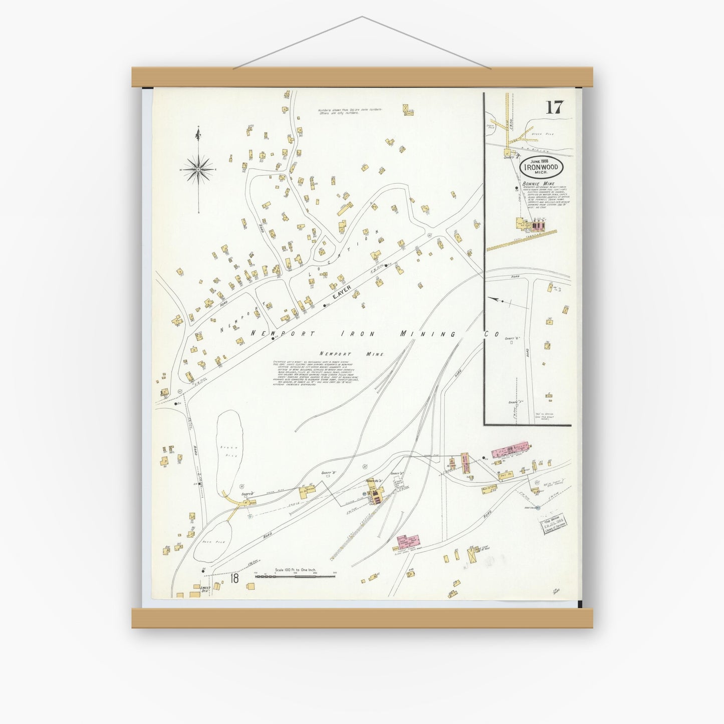 Old map wall art mockup — magnetic wood frame on white wall — Sanborn Fire Insurance Map from Ironwood, Gogebic County, Michigan (1908), Sheet #0017