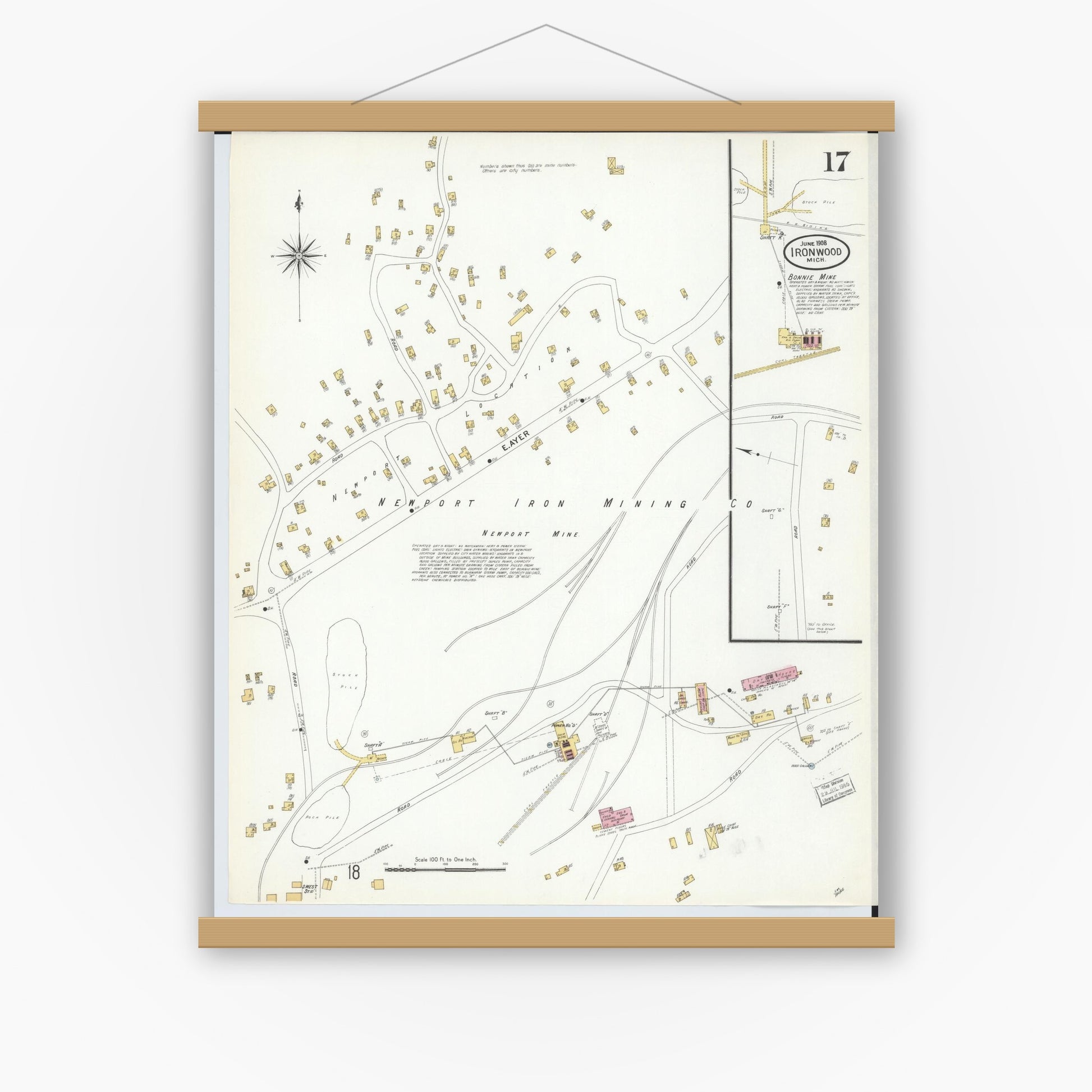 Old map wall art mockup — magnetic wood frame on white wall — Sanborn Fire Insurance Map from Ironwood, Gogebic County, Michigan (1908), Sheet #0017