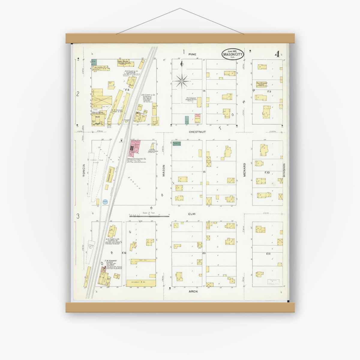 Old map wall art mockup — magnetic wood frame on white wall — Sanborn Fire Insurance Map from Mason City, Mason County, Illinois (1909), Sheet #0004