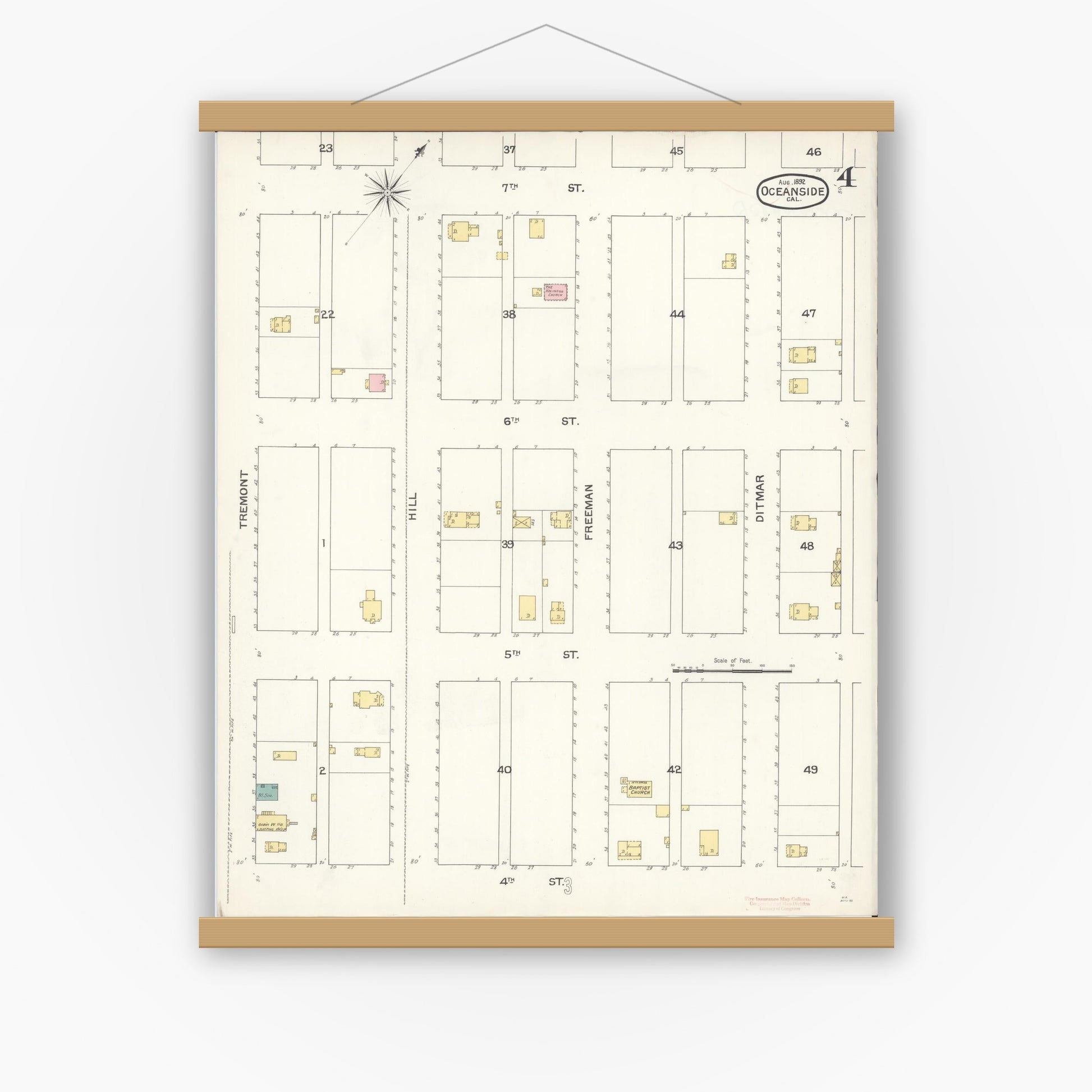 Old map wall art mockup — magnetic wood frame on white wall — Sanborn Fire Insurance Map from Oceanside, San Diego County, California (1892), Sheet #0004